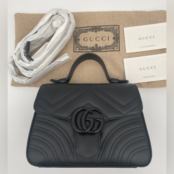 NEW! GUCCI MARMONT TOP HANDLE MATELASSE BLACK SHOULDER CROSSBODY BAG AUTHENTIC - Picture 3 of 14